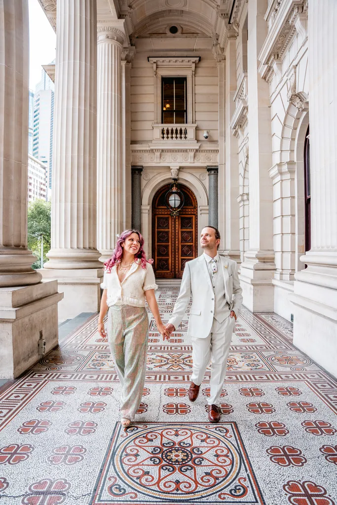 Bibi and Coco walking down Parliament Building in Victoria, Australia