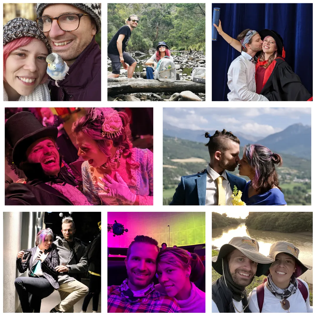 Collage of moments in the life of Bibi and Coco
